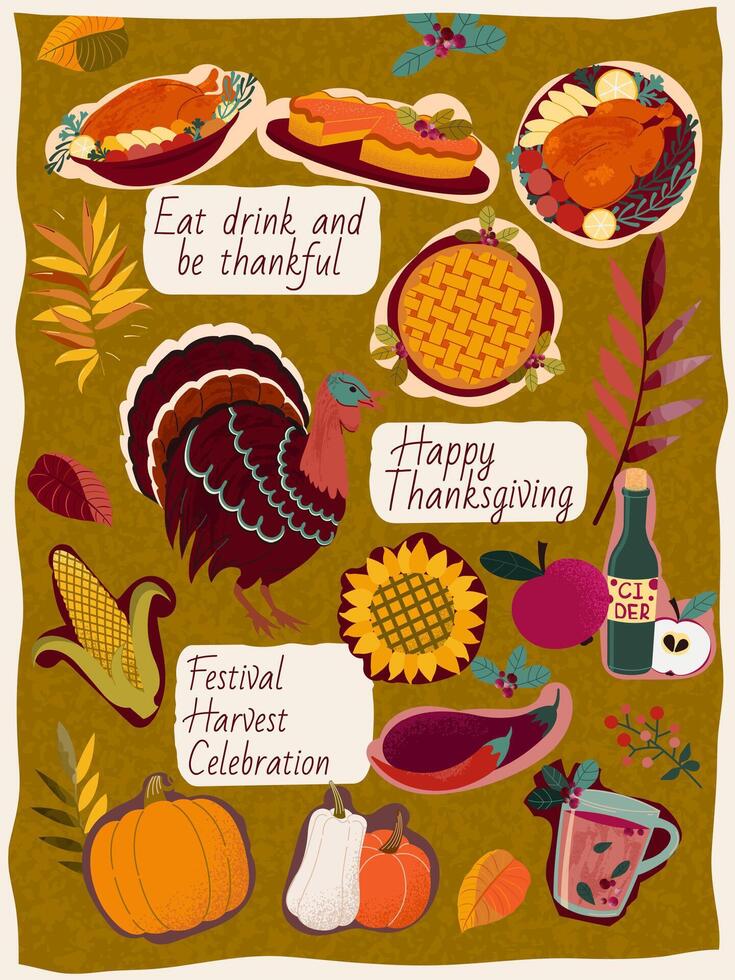 Happy thanksgiving. Festive poster with harvest symbols and traditional dishes. vector