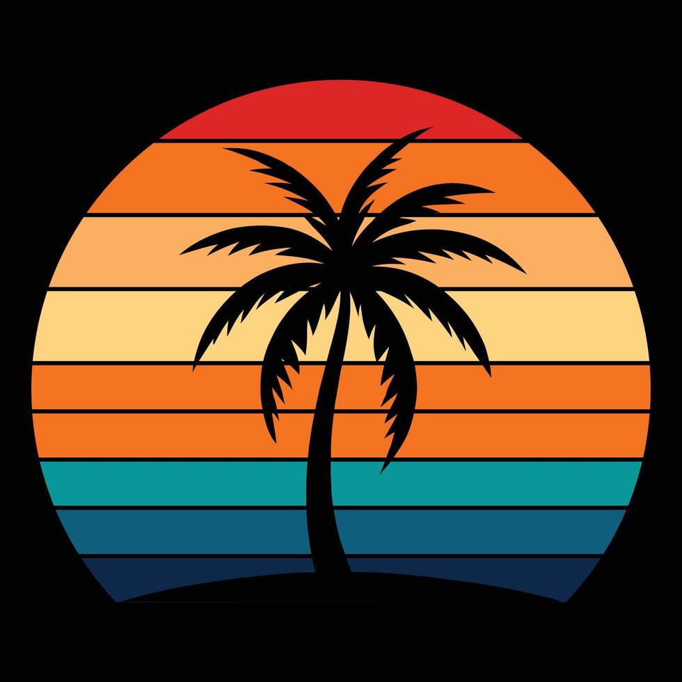 Retro Sunset Palm Tree Design, A retro vintage sunset dark silhouettes set against a warm vector