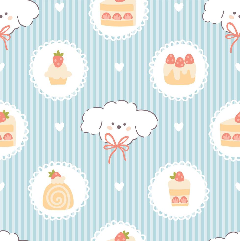 Preppy puppy dog with sweet strawberry desserts frame seamless pattern on vertically striped. cute cartoon hand drawn vintage illustration. baby clothes, wallpaper, packaging, scrubbing. vector