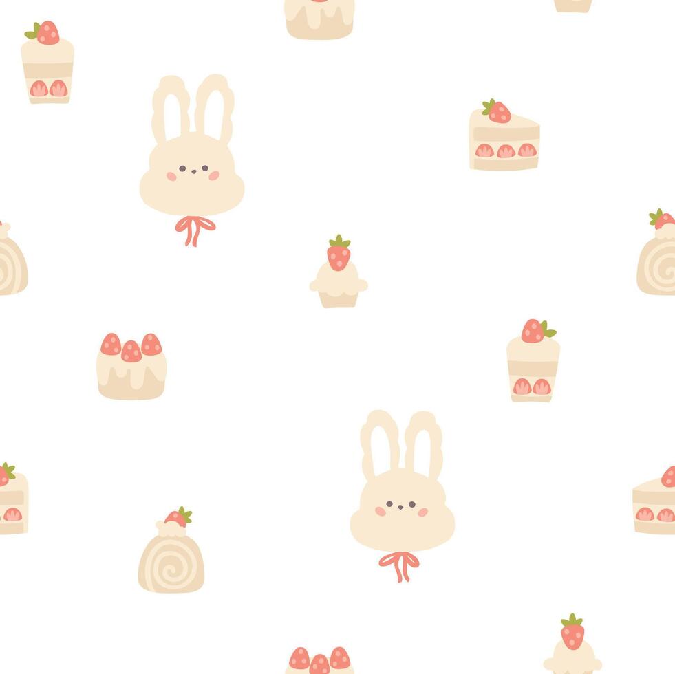 Preppy hare rabbit with sweet strawberry desserts seamless pattern. cute cartoon hand drawn vintage illustration. Ideal for textile printing, baby clothes, wallpaper, packaging, scrubbing vector