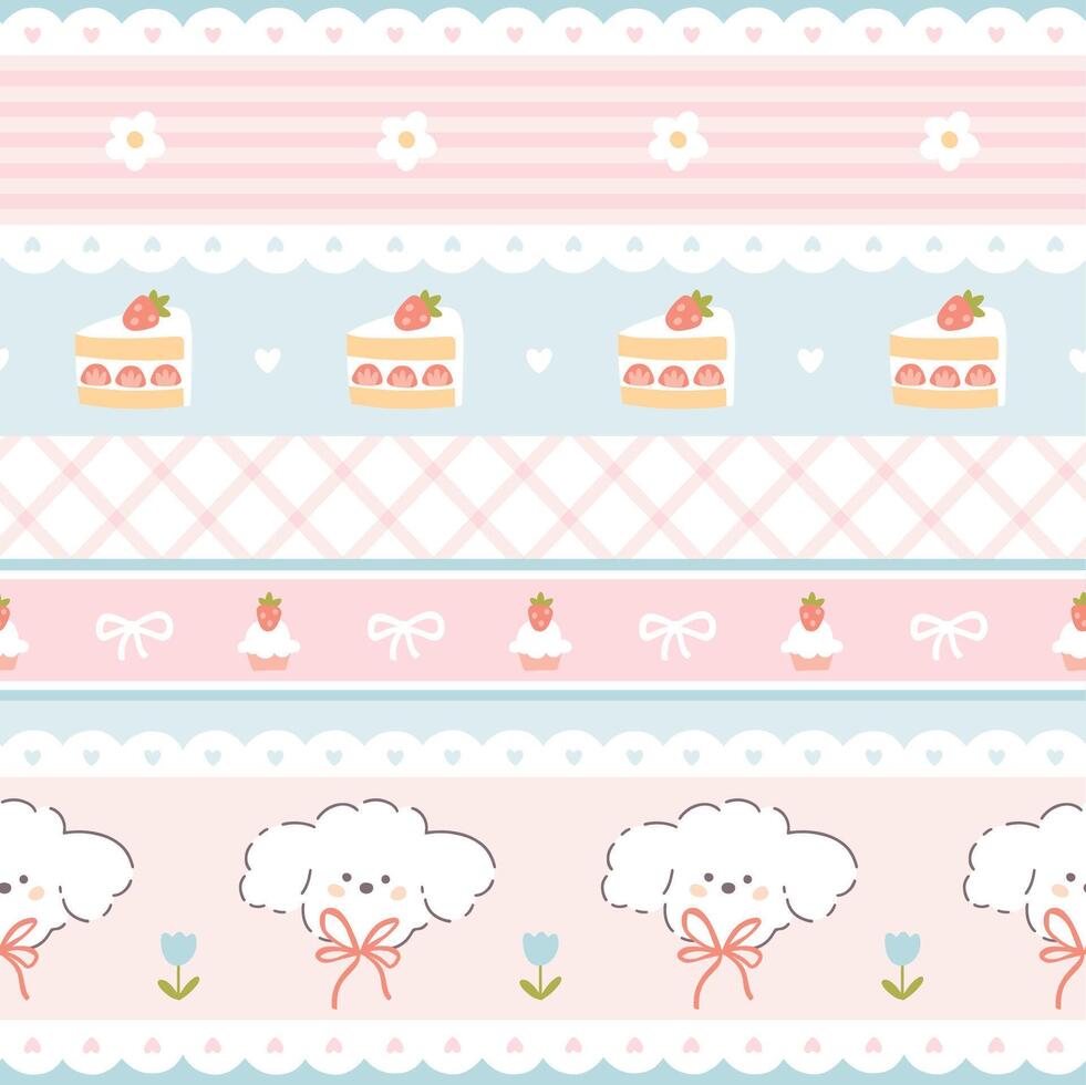 Preppy puppy dog and sweet various desserts with strawberries lacy seamless pattern. cute cartoon hand drawn vintage illustration. for textile printing, baby clothes, packaging, scrubbing. vector