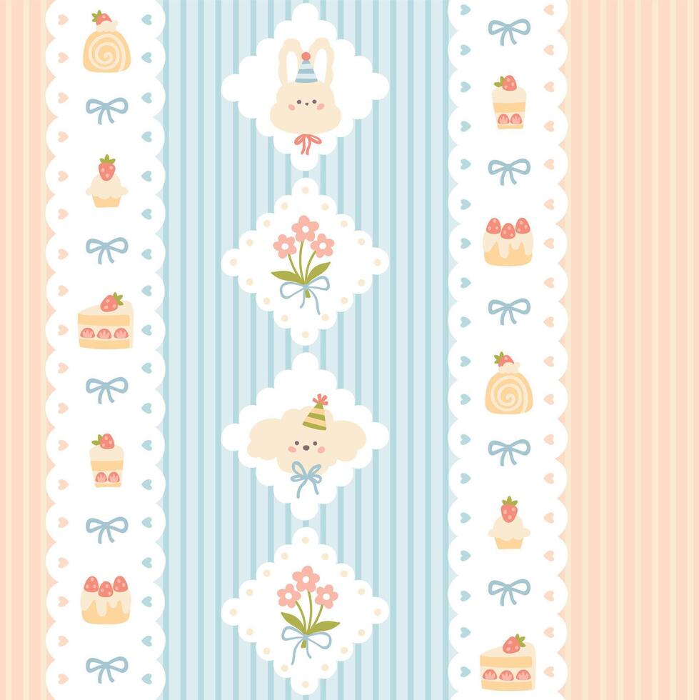 Preppy birthday dog and rabbit sweet strawberry desserts frame seamless pattern on striped background. cute cartoon hand drawn vintage illustration. for textile printing, baby clothes vector