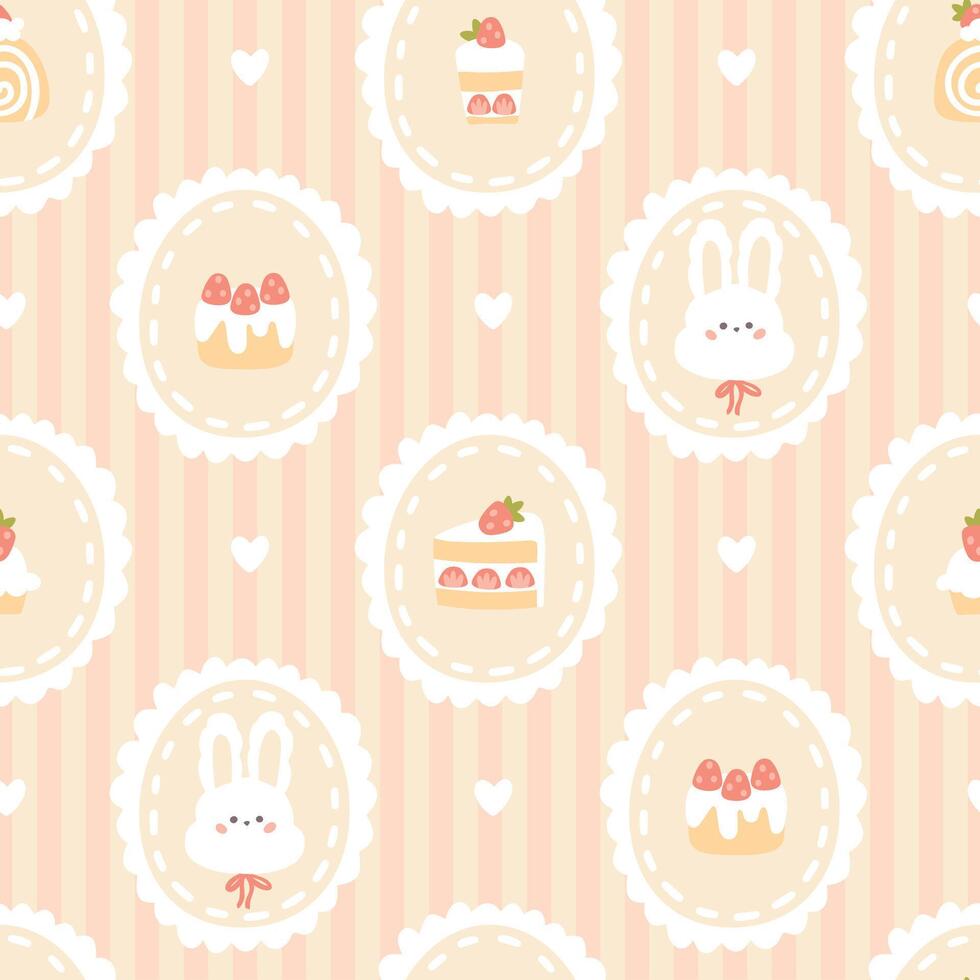 Preppy hare rabbit with sweet strawberry desserts frame seamless pattern on vertically striped. cute cartoon hand drawn vintage illustration. baby clothes, wallpaper, packaging, scrubbing. vector