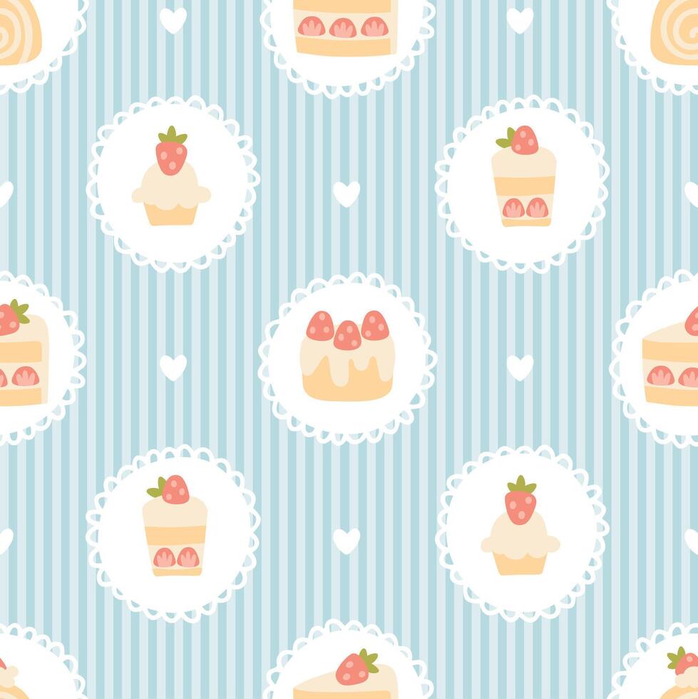 Preppy sweet strawberry desserts frame seamless pattern on striped background. cute cartoon hand drawn vintage illustration. textile printing, baby clothes, wallpaper, packaging, scrubbing. vector