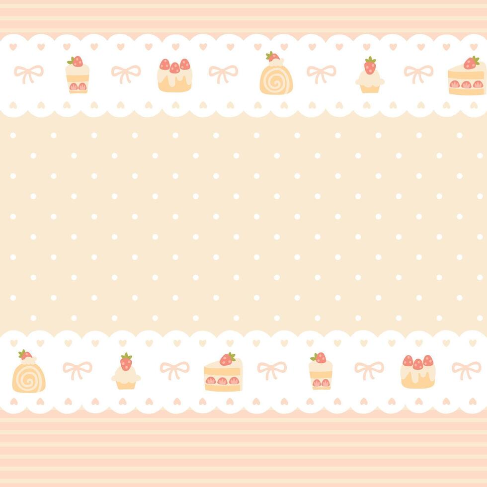 Preppy sweet various desserts with strawberries lacy seamless pattern. cute cartoon hand drawn vintage illustration. for textile printing, baby clothes, packaging, scrubbing. vector