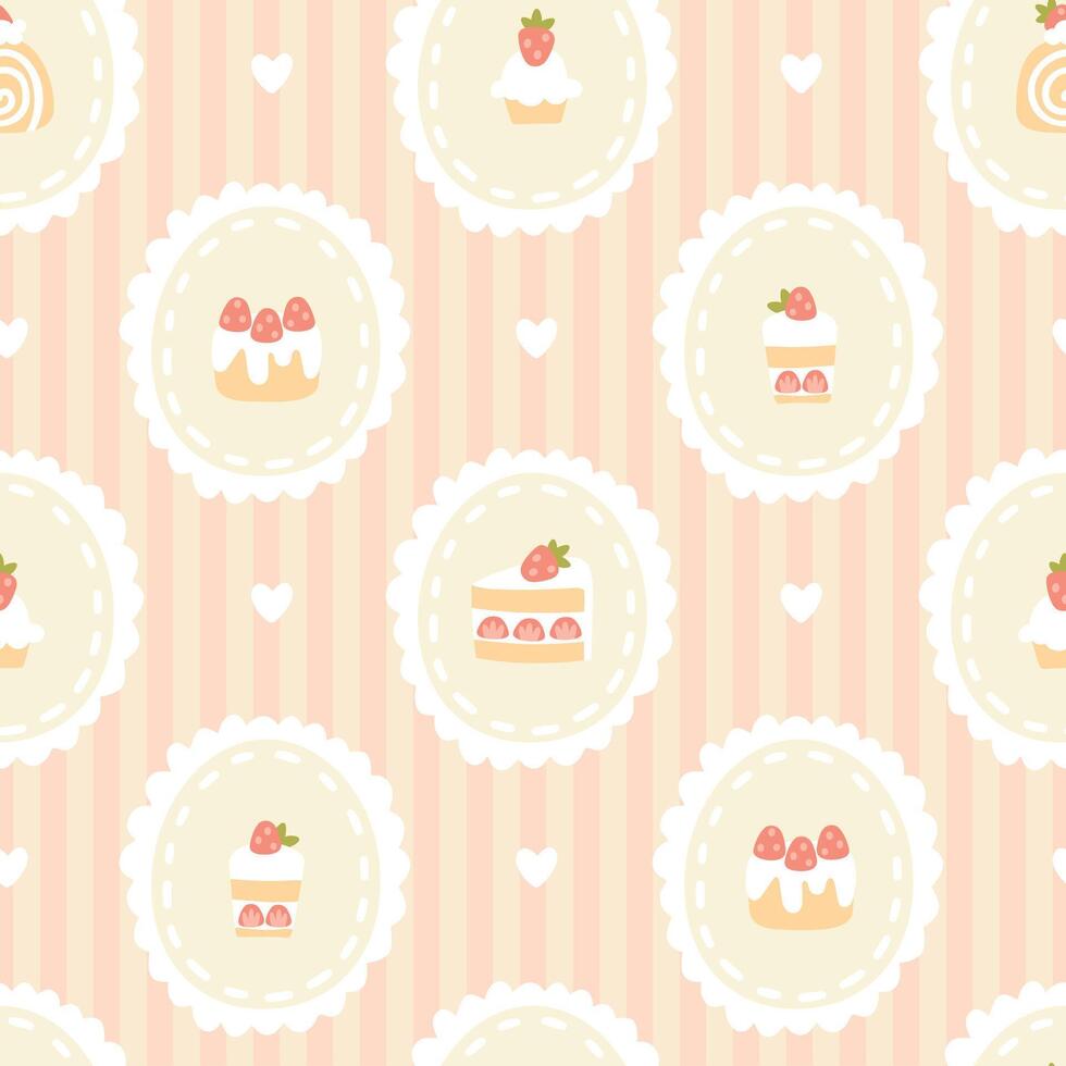 Preppy sweet strawberry desserts frame seamless pattern on striped background. cute cartoon hand drawn vintage illustration. textile printing, baby clothes, wallpaper, packaging, scrubbing vector