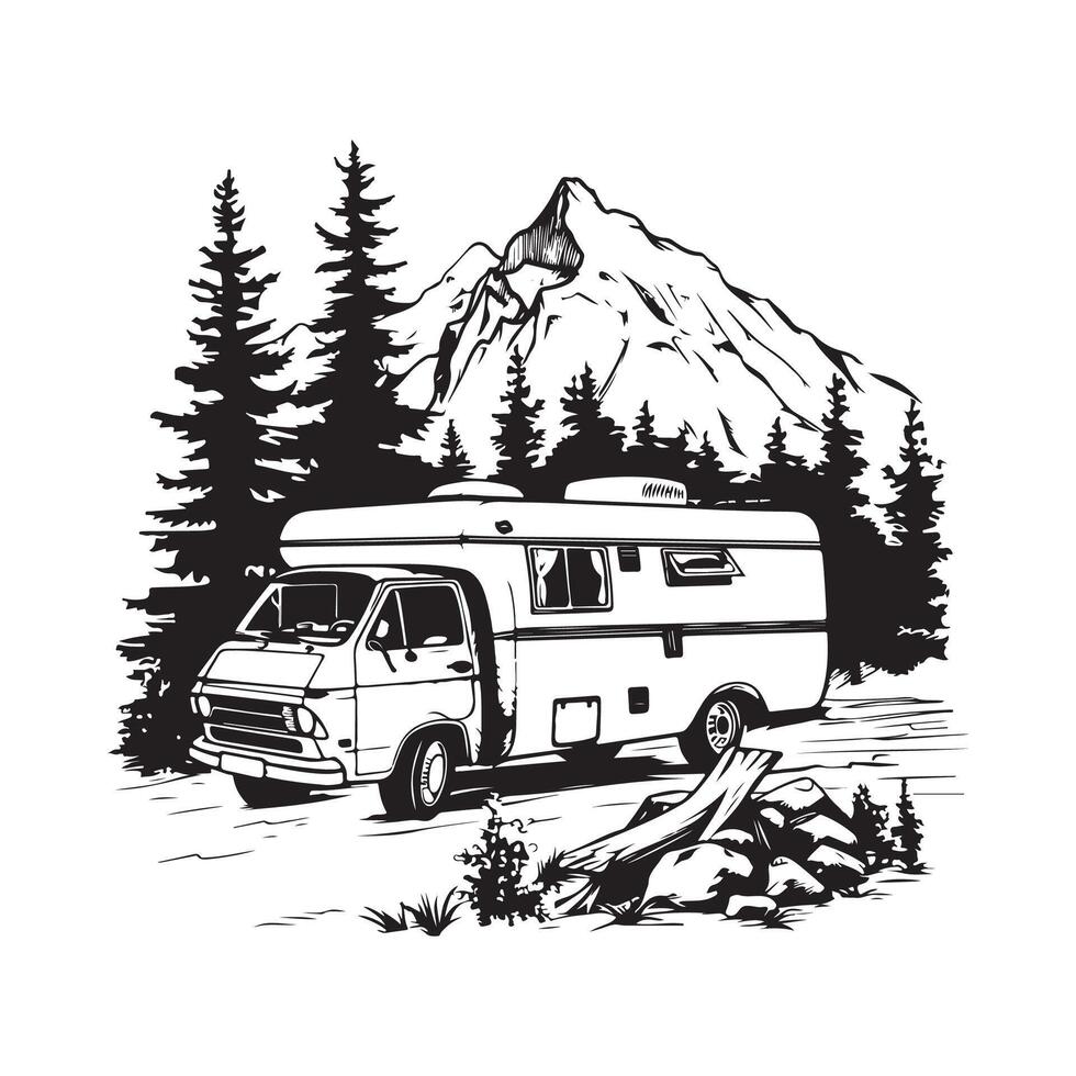 Camping Car Retro Van On Mountains Stock image isolated on white background vector