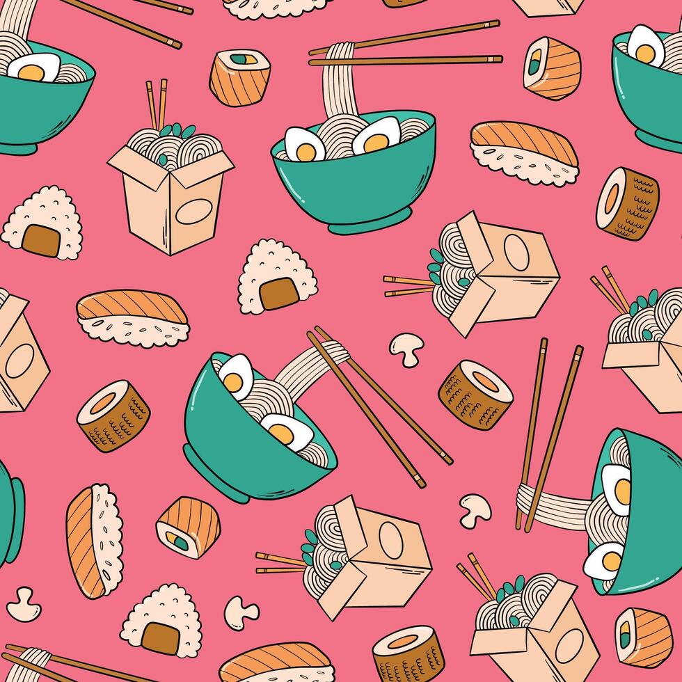 asian food doodles seamless pattern with suchi, ramen and noodle bowls for wallpaper, scrapbooking, backgrounds, textile print, packaging, etc. EPS 10 vector