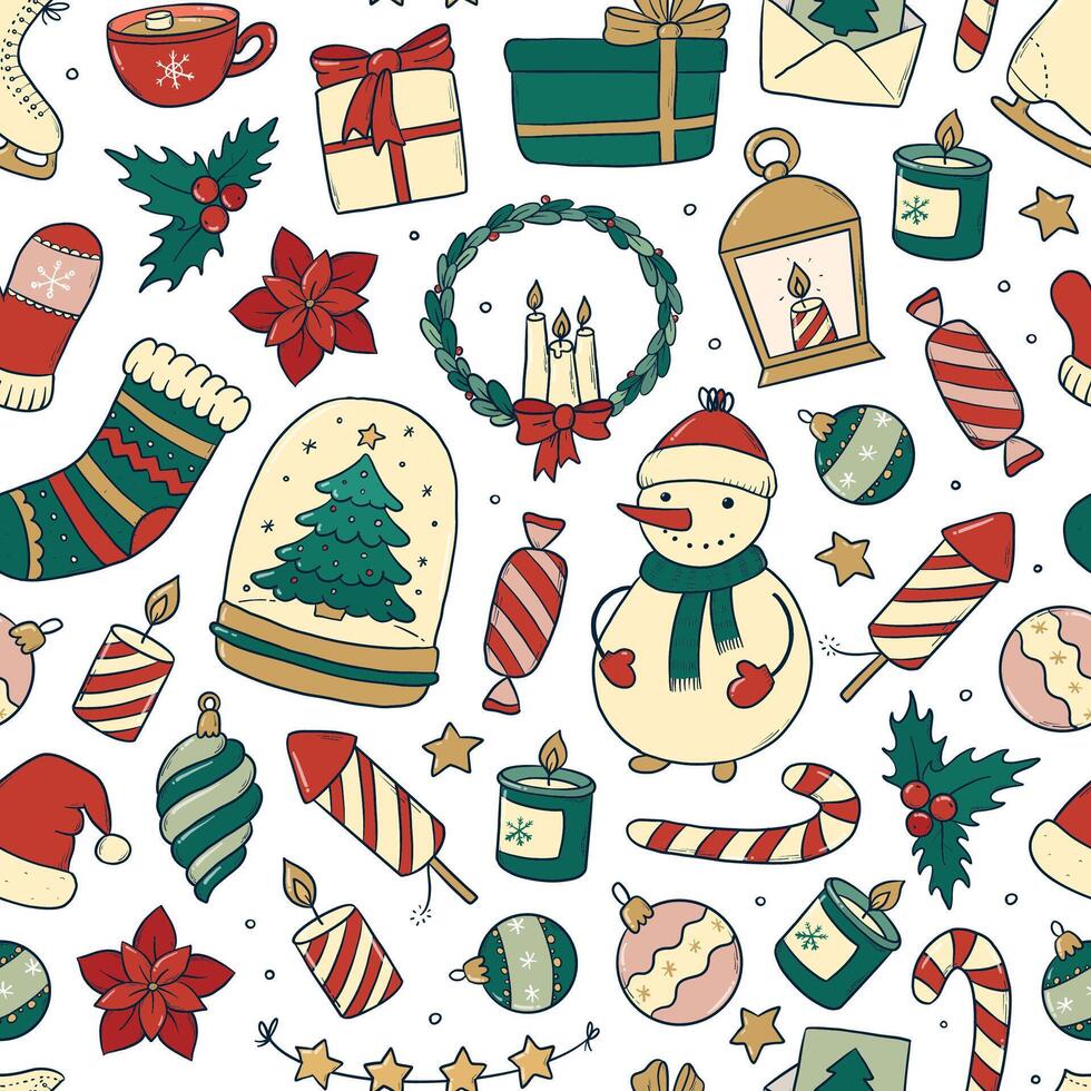 christmas seamless pattern with cute doodles, cartoon elements for wallpaper, wrapping paper, scrapbooking, stationary, textile prints, etc. EPS 10 vector