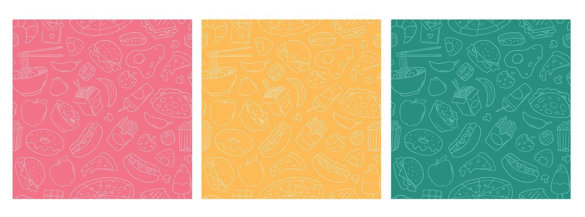 Fast food, snack doodles seamless patterns collection for wallpaper, product packaging, wrapping paper, scrapbooking, textile prints, backgrounds, etc. EPS 10 vector