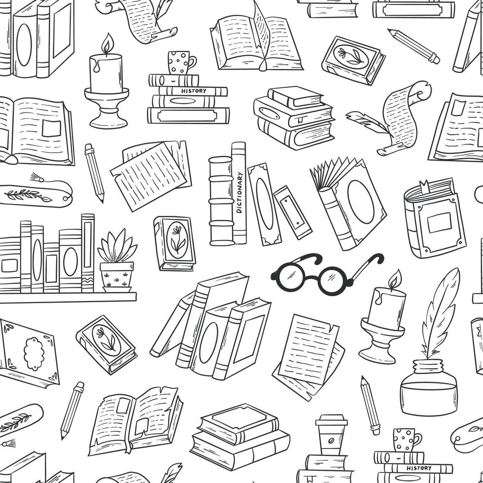 books, reading doodles seamless pattern for backgrounds, wallpaper, prints, coloring pages, scrapbooking, stationery. Back to school theme. EPS 10 vector