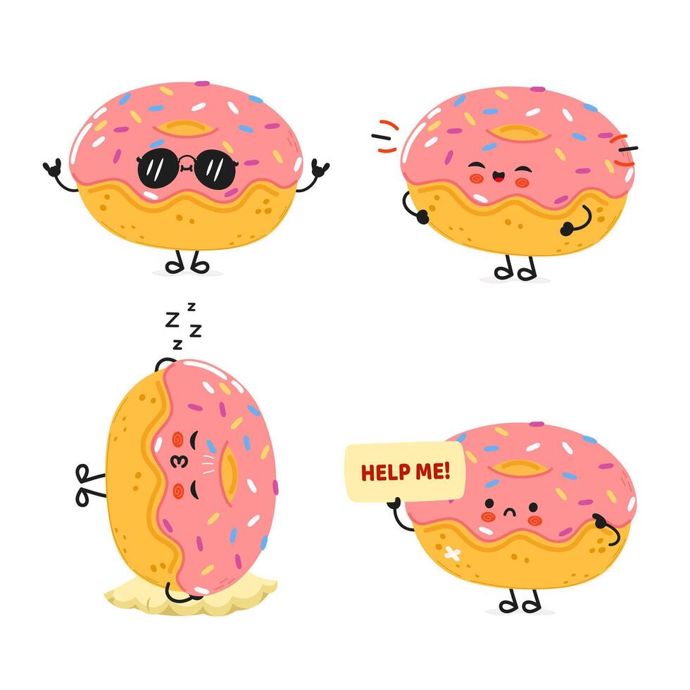 Funny Doughnut characters bundle set. hand drawn doodle style cartoon character illustration icon design. Cute Doughnut mascot character collection vector