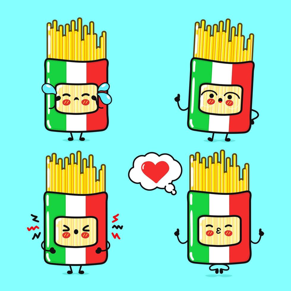 Funny cute Pack Spaghetti characters bundle set. hand drawn doodle style cartoon character illustration icon design. Isolated on blue background. Pack Spaghetti mascot character collection vector