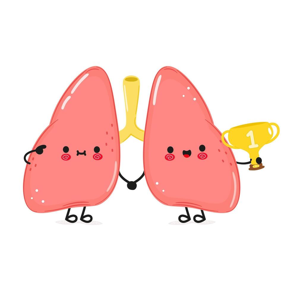 Cute funny Lungs hold gold trophy cup. hand drawn cartoon kawaii character illustration icon. Isolated on white background. Lungs with winner trophy cup vector