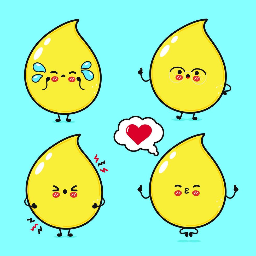 Funny cute happy Drop of urine characters bundle set. hand drawn doodle style cartoon character illustration. Isolated on blue background Drop of urine mascot character collection vector
