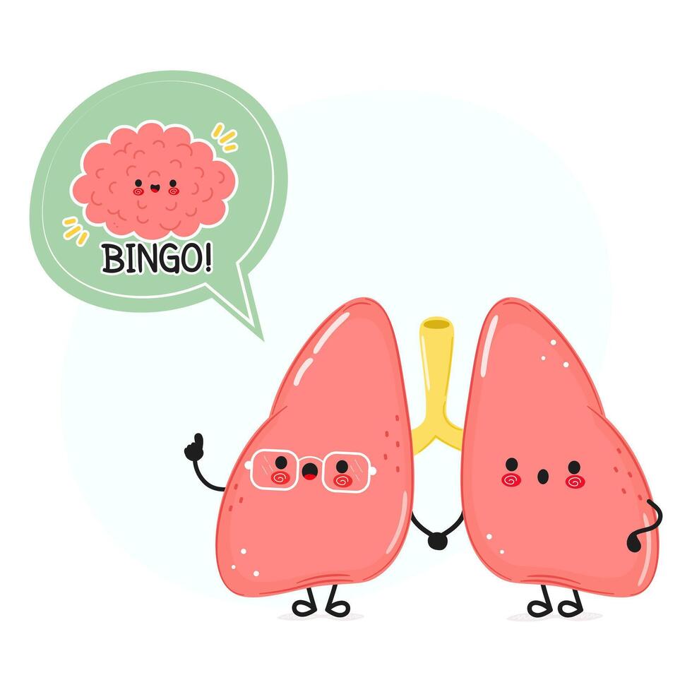 Lungs with speech bubble and brain character. hand drawn cartoon kawaii character illustration. Isolated white background. Lungs poster and brain vector