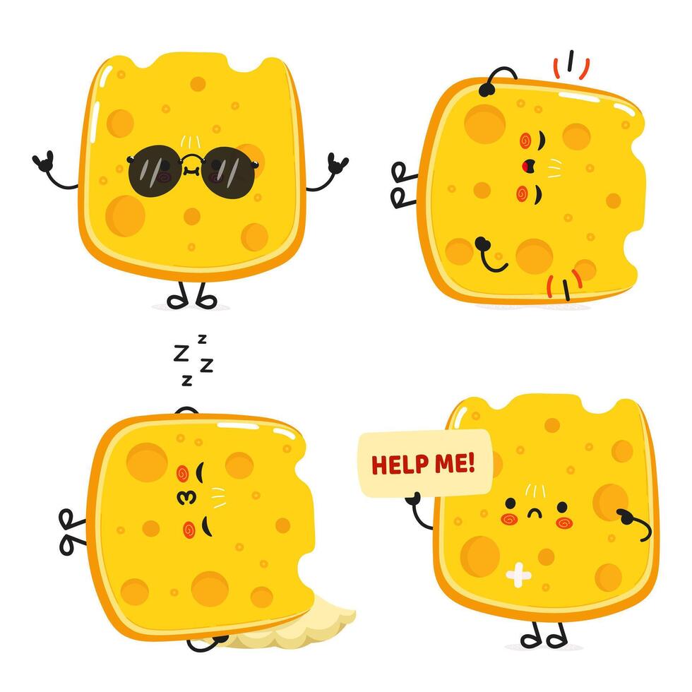 Funny Cheese characters bundle set. hand drawn doodle style cartoon character illustration icon design. Cute Cheese mascot character collection vector