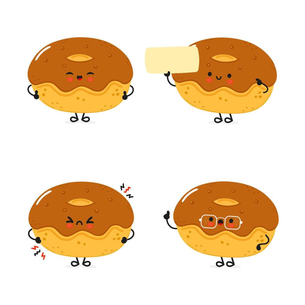 Funny chocolate Doughnut characters bundle set. hand drawn doodle style cartoon character illustration icon design. Cute Donut mascot character collection vector