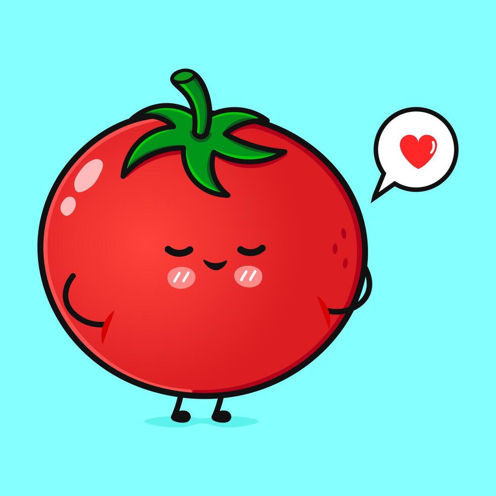 Tomato in love character. hand drawn cartoon kawaii character illustration icon. Isolated on blue background. Tomato character concept vector