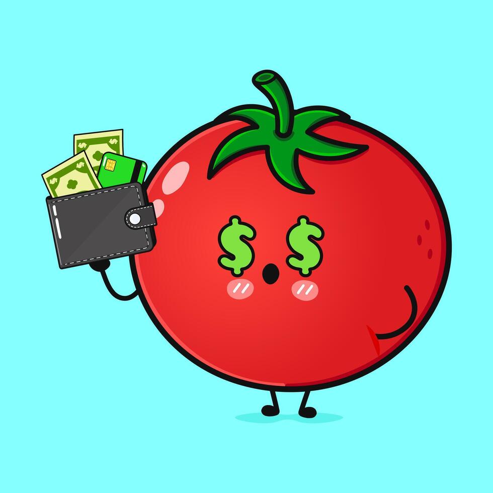 Tomato Dollar, Wallet, Money character. hand drawn cartoon kawaii character illustration icon. Isolated on blue background. Tomato character concept vector