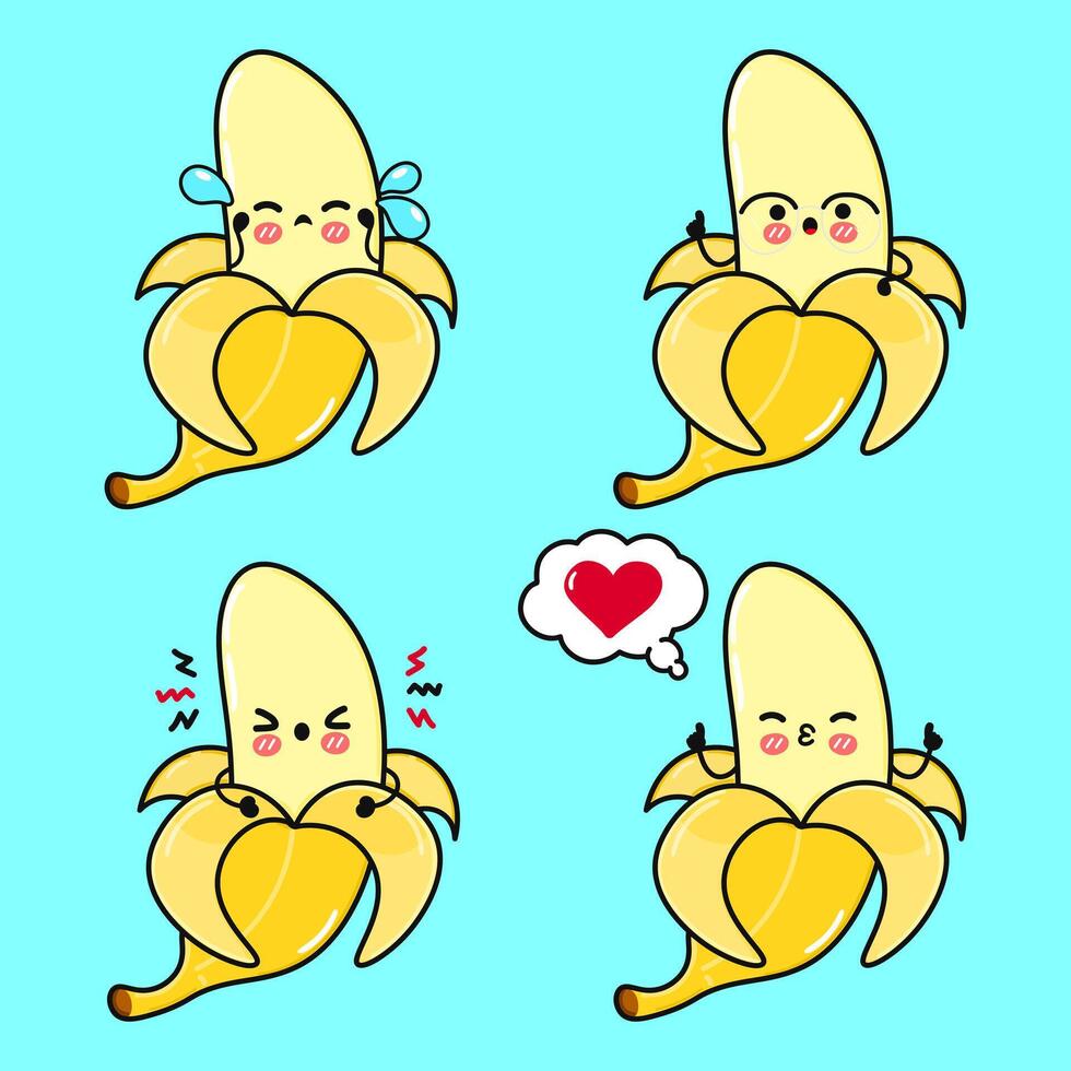 Funny cute happy Banana characters bundle set. hand drawn doodle style cartoon character illustration. Isolated on blue background. Banana mascot character collection vector
