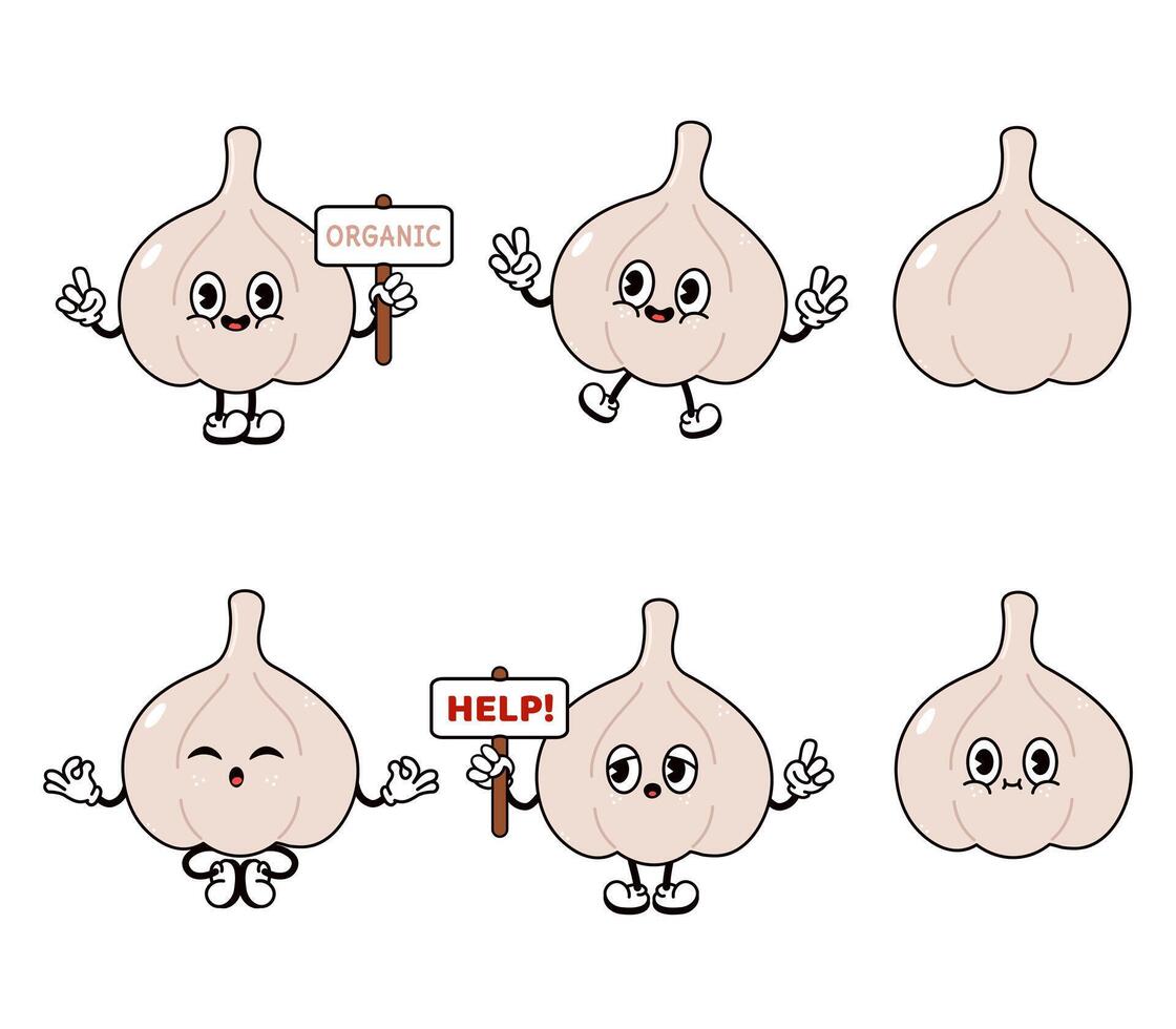 Funny cute Garlic characters bundle set. hand drawn doodle style traditional cartoon vintage, retro character illustration design. Isolated white background. Happy Garlic vector
