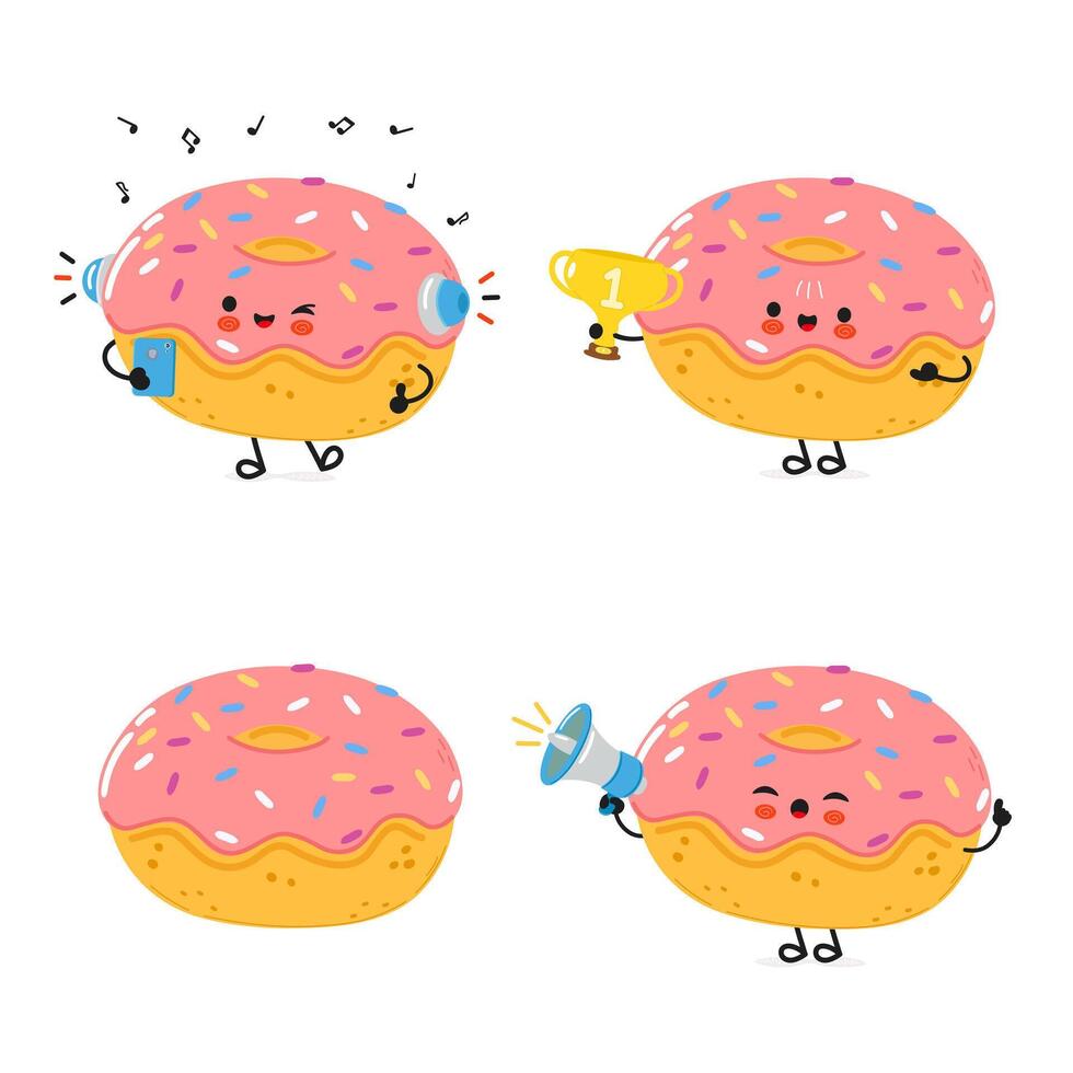 Funny Doughnut characters bundle set. hand drawn doodle style cartoon character illustration icon design. Cute Doughnut mascot character collection vector