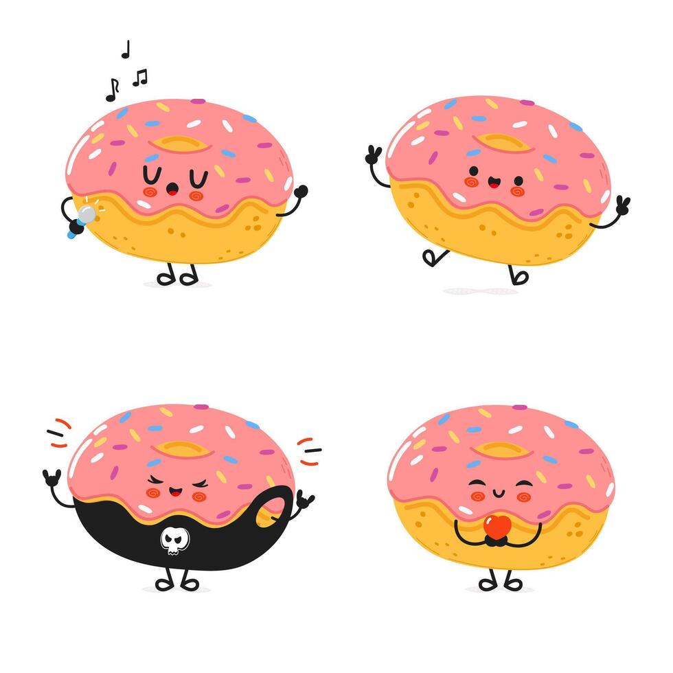 Funny Doughnut characters bundle set. hand drawn doodle style cartoon character illustration icon design. Cute Doughnut mascot character collection vector