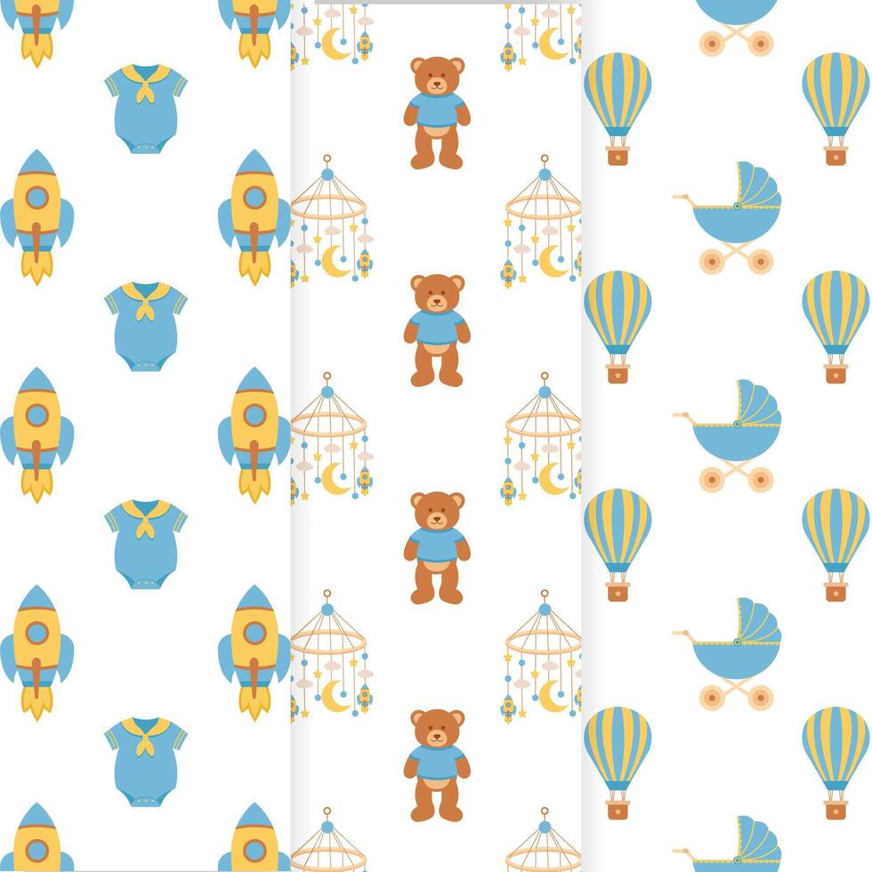 Baby shower set of seamless patterns. It's a boy. Seamless patterns with overalls, rocket, air balloon, baby carriage, carousel pendant, teddy bear toy. vector