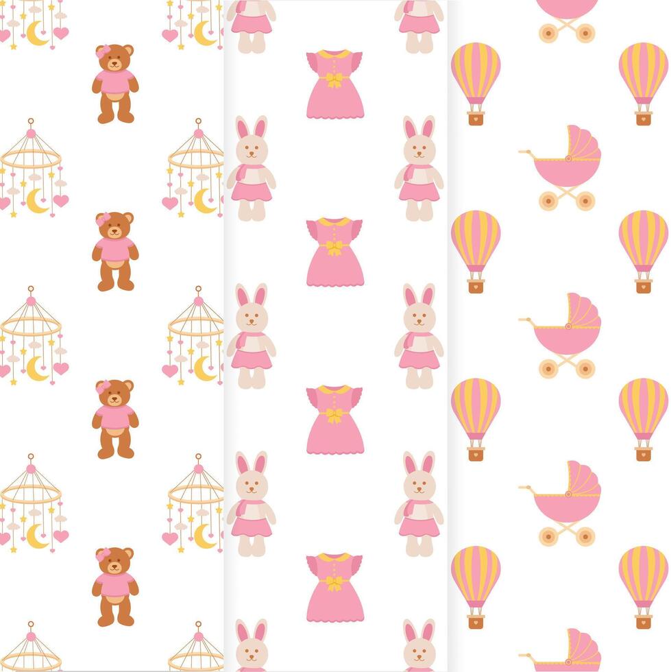 Baby shower set of seamless patterns. It's a girl. Seamless patterns with dress, baby bunny toy, air balloon, baby carriage, carousel pendant, teddy bear toy. vector