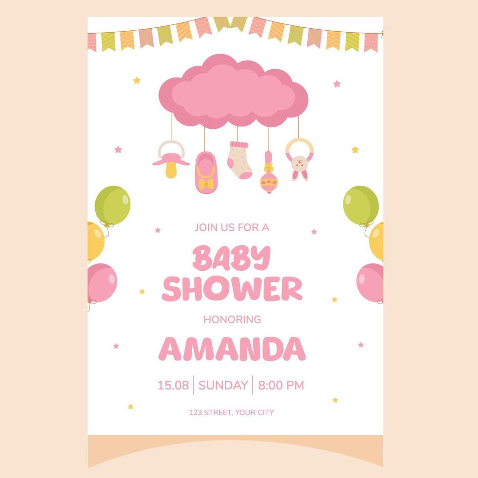 Baby shower party invitation. It's a girl. Invitation with cloud. Template for party invitation, poster, greeting card. vector