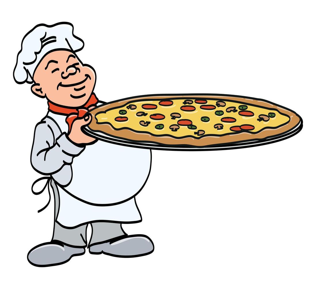 cook with pizza - chef holding a big tray with pizza, cartoon color illustration, on a white background vector