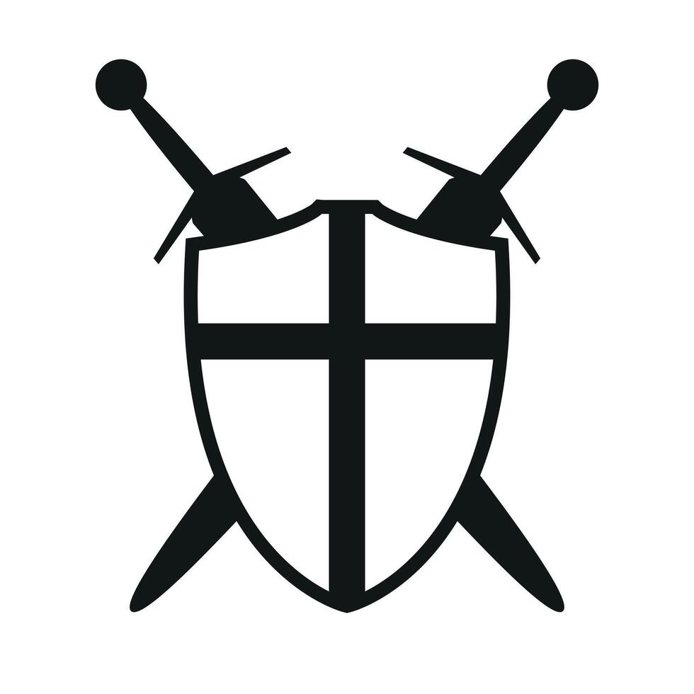 shield with cross and two crossed swords icon silhouette symbol, illustration of medieval sword isolated on a white background vector
