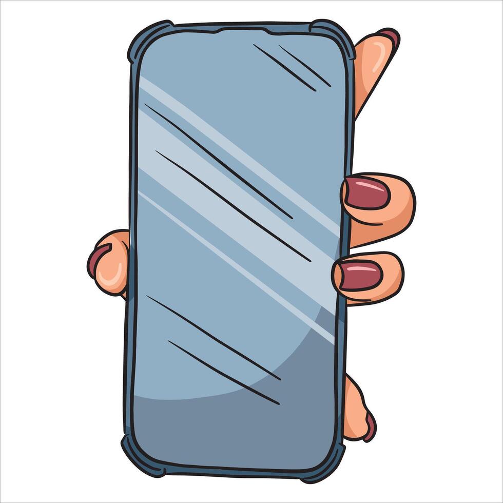 Female hand holding a phone with the screen forward. Illustration on a white background in line style. vector