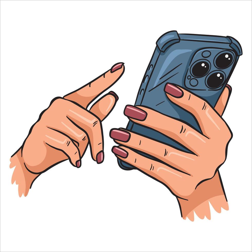 Female hand holding a phone, swiping. Illustration on a white background in line style. vector