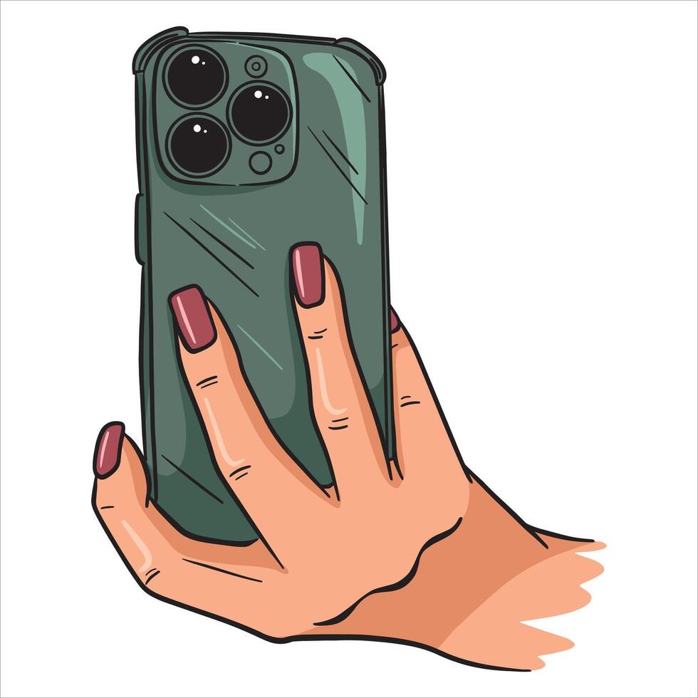 Female hand holding a phone. Taking a photo or looking at the screen. Illustration on a white background in line style. vector