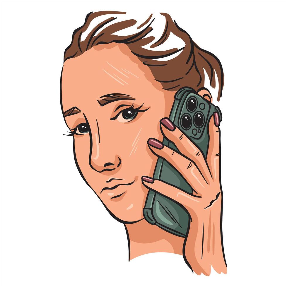Girl talking on the phone. Portrait. illustration on a white background in line style. vector