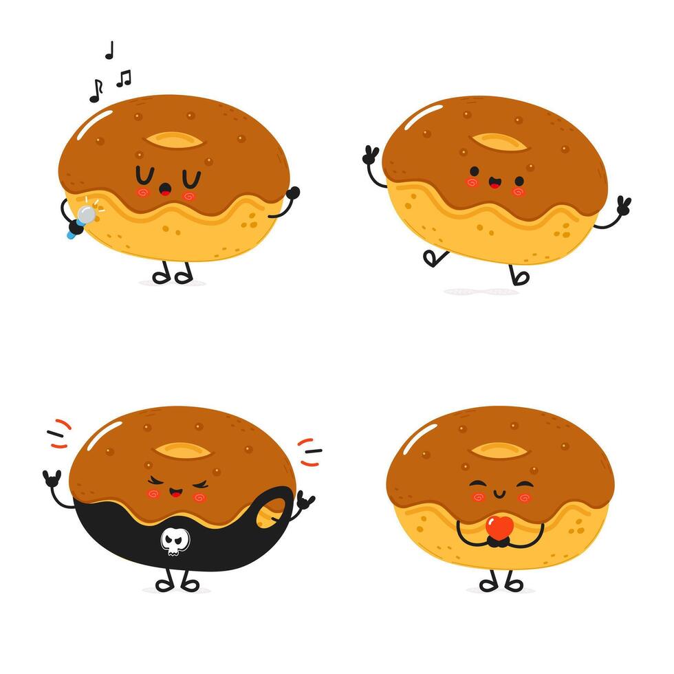 Funny Chocolate Doughnut characters bundle set. hand drawn doodle style cartoon character illustration icon design. Cute Doughnut mascot character collection vector
