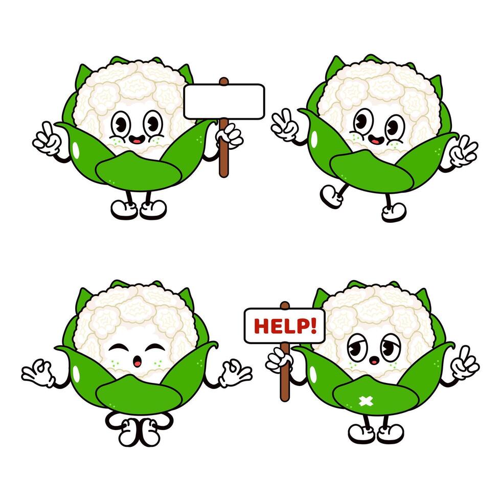 Funny cute Cauliflower characters bundle set. hand drawn doodle style traditional cartoon vintage, retro character illustration icon design. Isolated white background. Happy Cauliflower vector