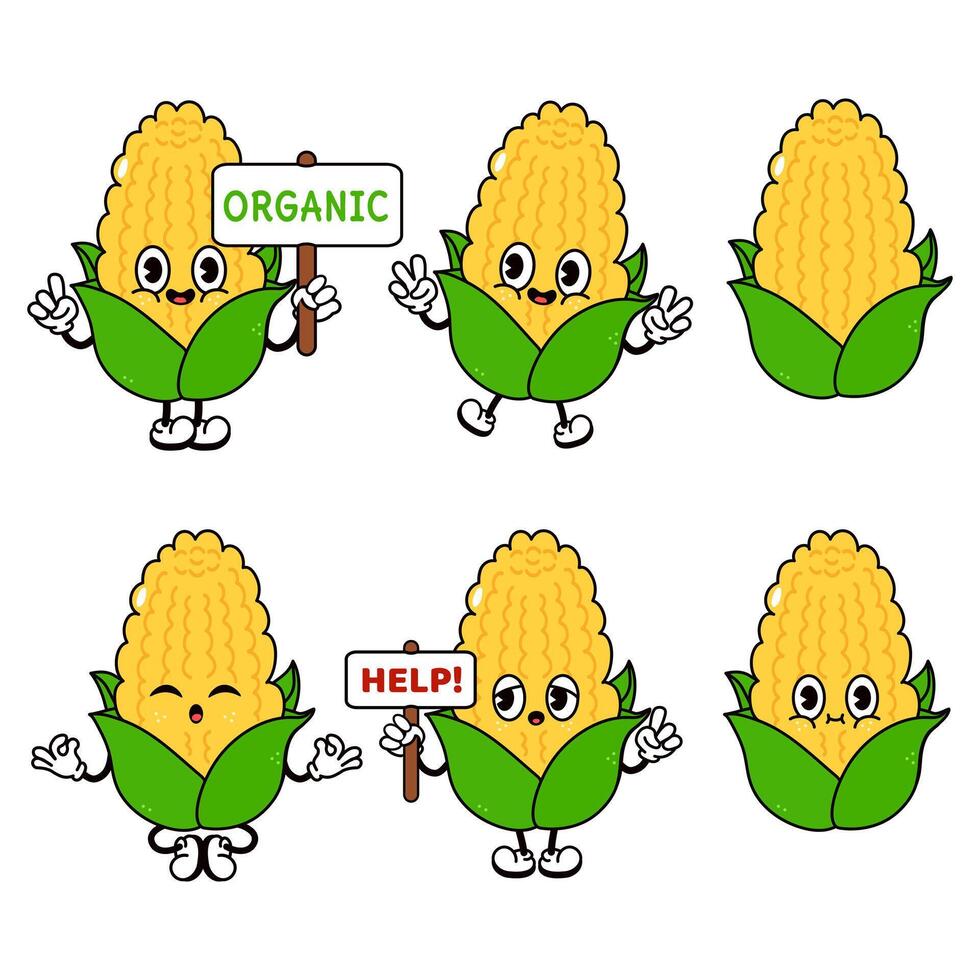 Funny cute Corn characters bundle set. hand drawn doodle style traditional cartoon vintage, retro character illustration design. Isolated white background. Happy Corn vector