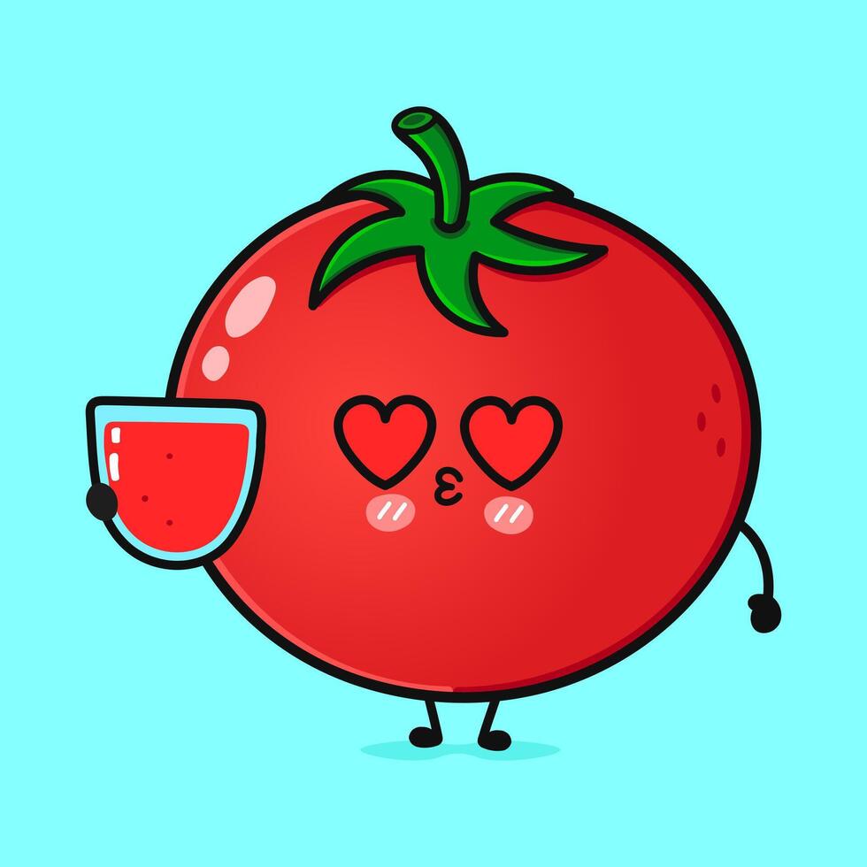 Tomato in love character. hand drawn cartoon kawaii character illustration icon. Isolated on blue background. Tomato character concept vector