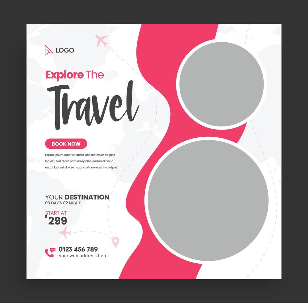 Travel and tour social media banner post template. Travel social media post template. Travel web banner or poster. Web banner ads for travel promotion. vector