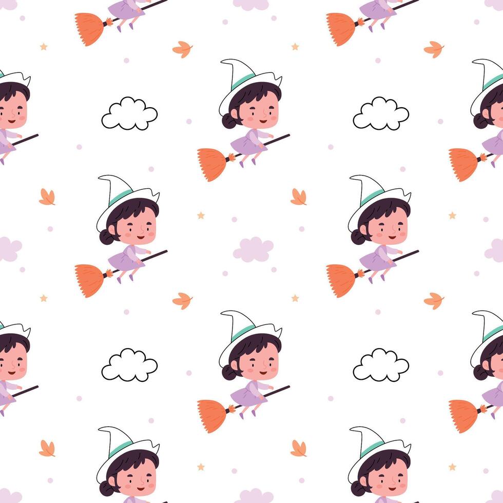 Pattern of cheerful witches on a white background. Halloween concept. vector