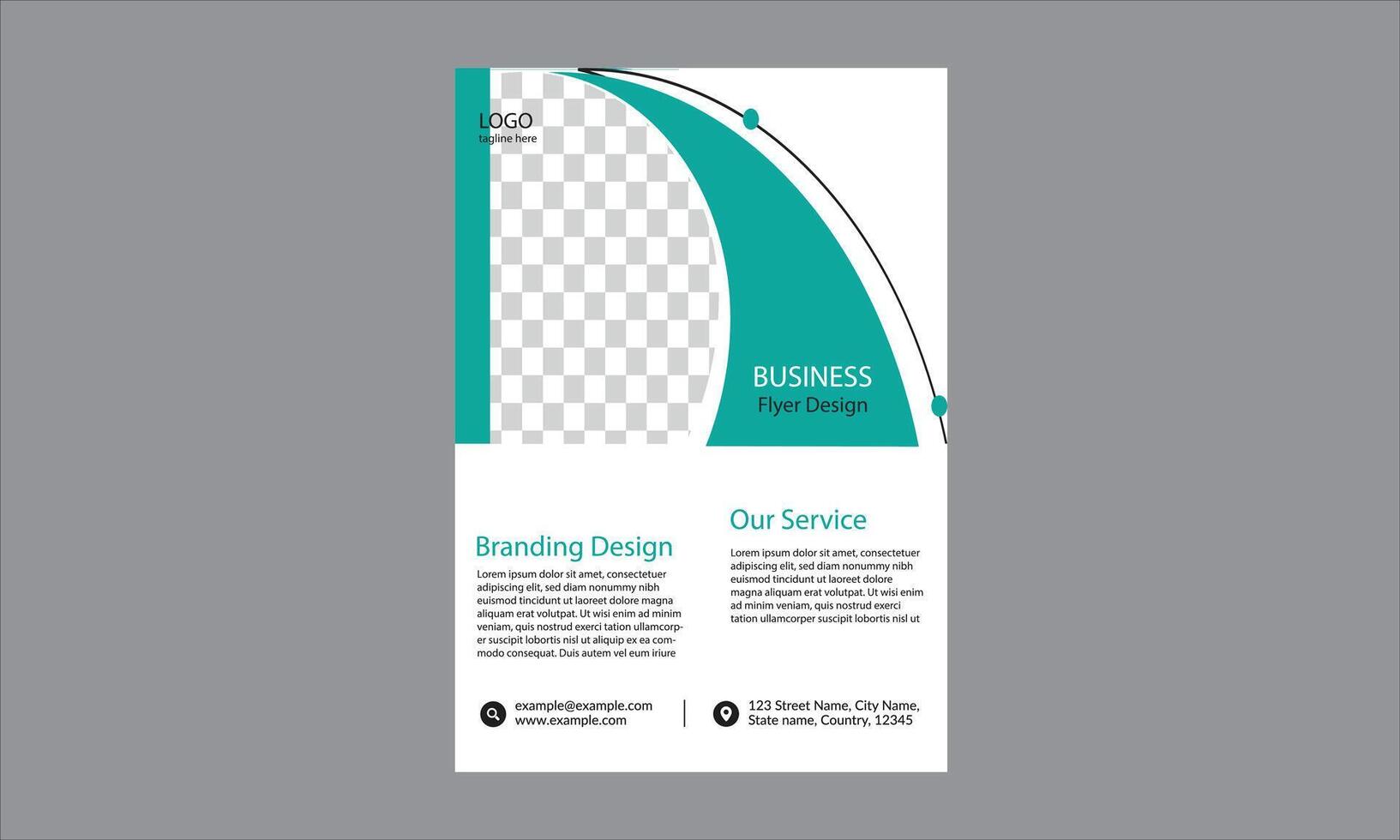Business flyer design. It features a prominent teal curve at the top right corner, with three circular teal bullet points leading down to the main body of text. vector