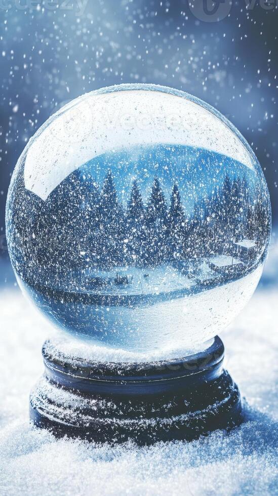 Snow globe resting on frosty surface with snow falling photo