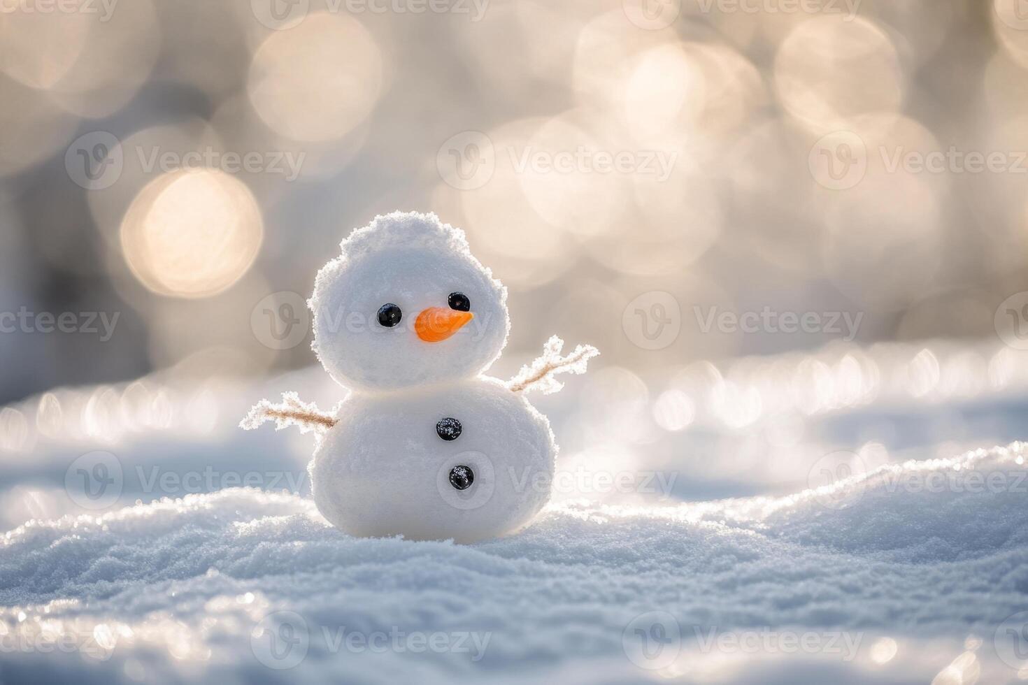 Small snowman standing on a snowy surface with bokeh background photo