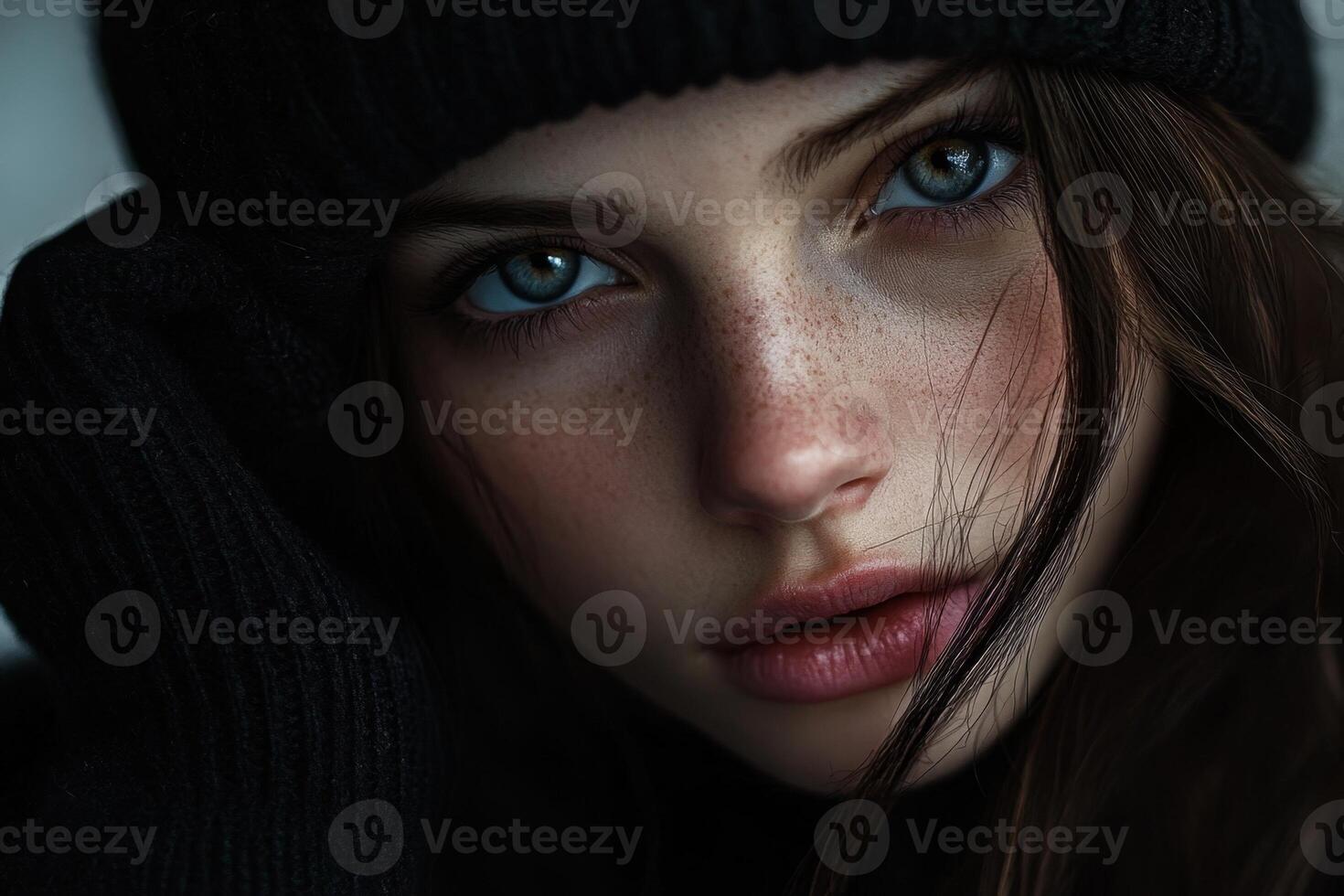 Attractive young woman with freckles is posing wearing winter clothes photo