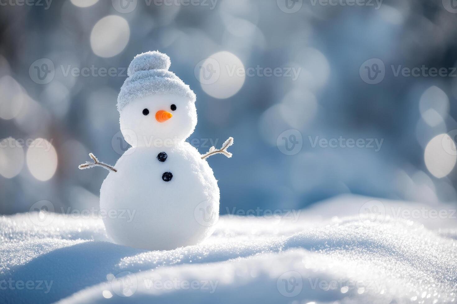 Little snowman standing on a snowy landscape photo
