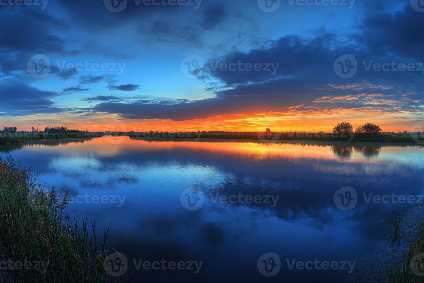 Breathtaking sunset reflecting on calm lake water in kinderdijk photo