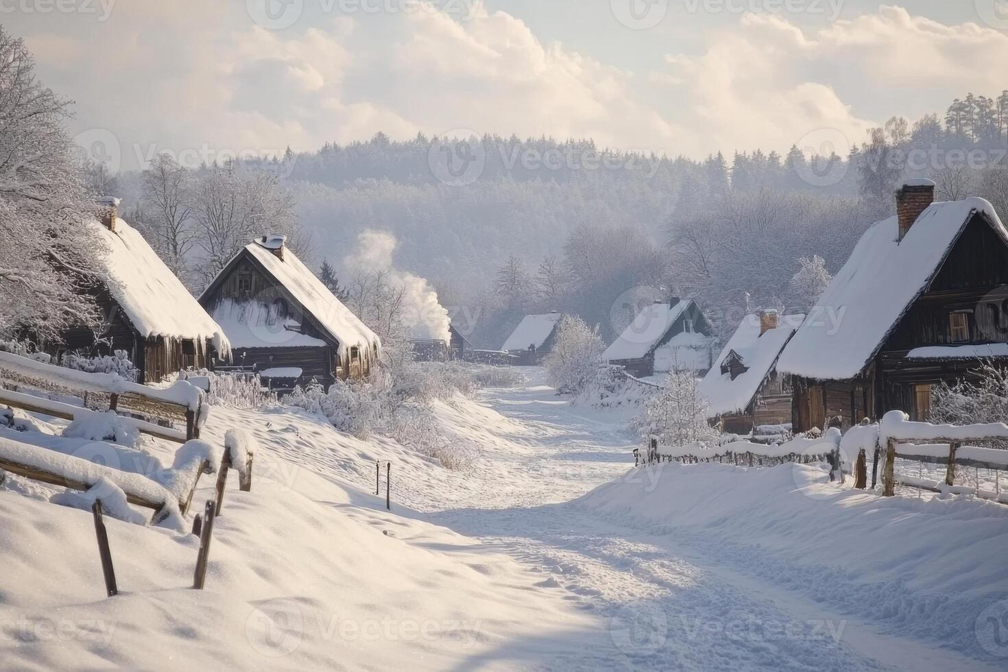 Smoke rising from chimneys in snow covered village photo
